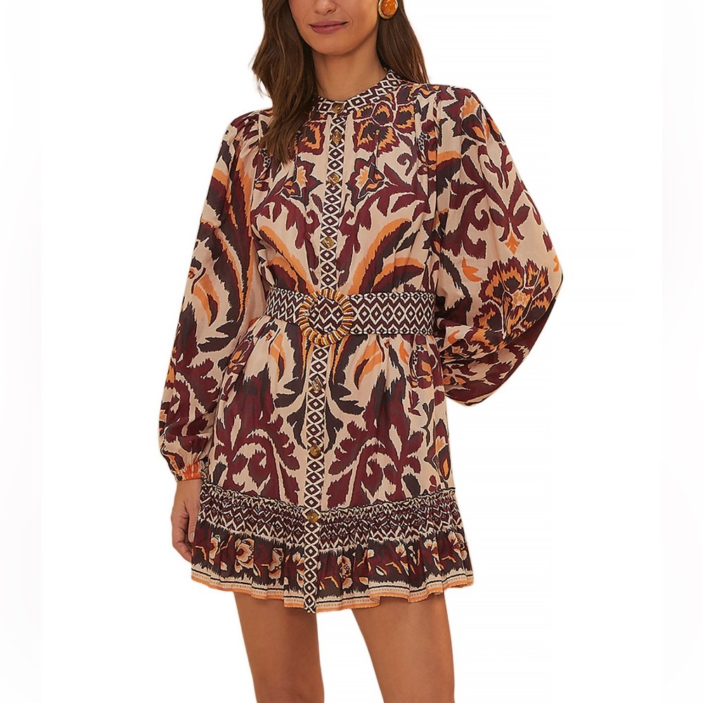 FARM Rio Toucans Scarf Belted Long Sleeve Mini Dress